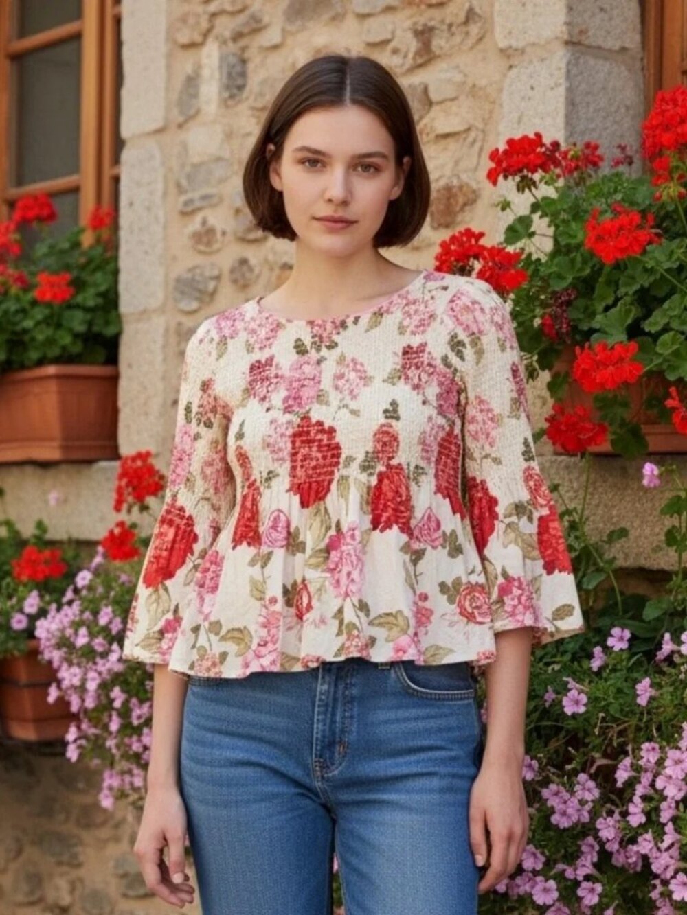 Jane And Delancey Pink Floral Smocked Peplum Top Bell Sleeve Cottagecore Boho XL